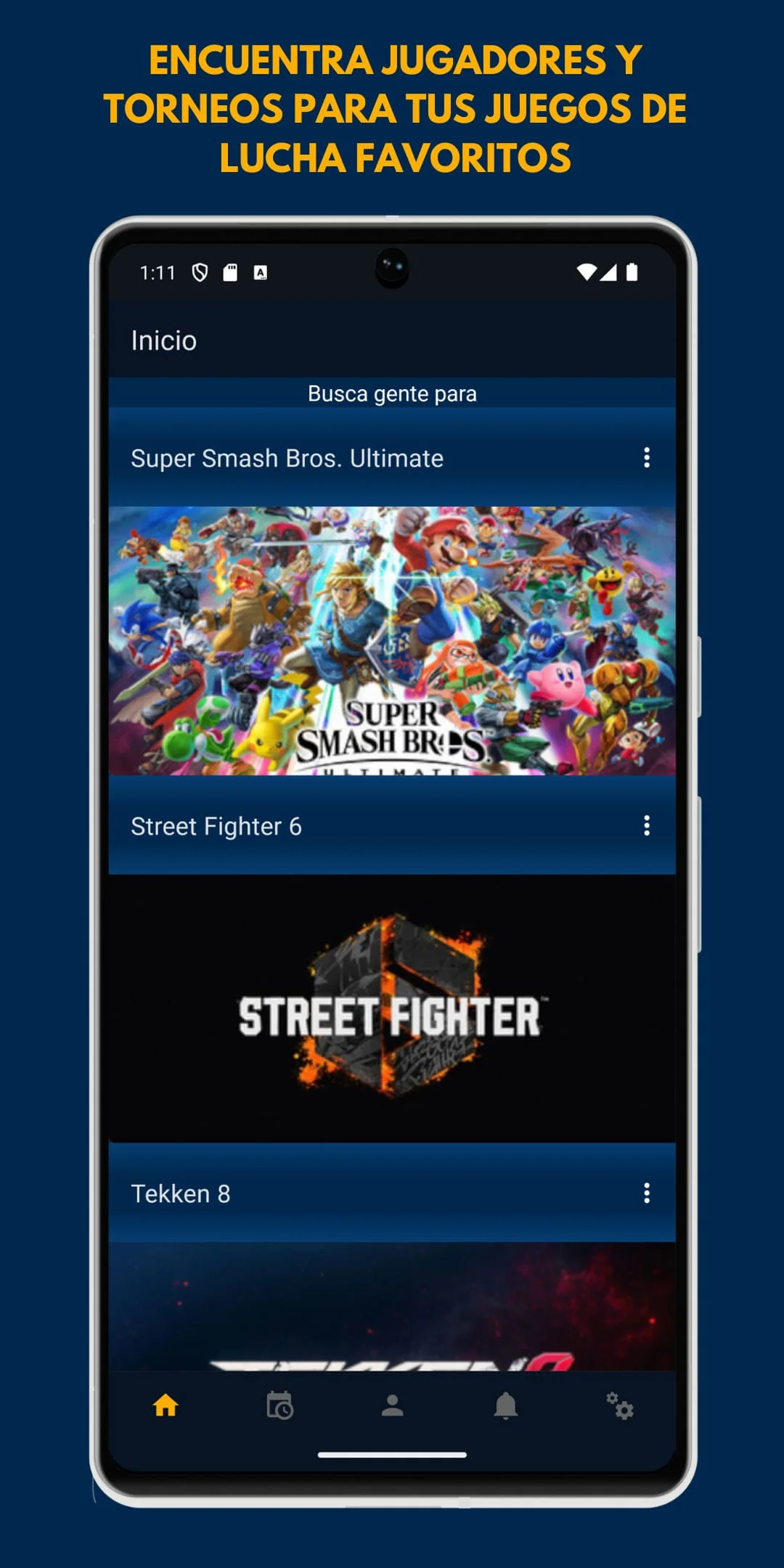 Página principal de la app de FightersTech enseñando parte de los juegos disponibles, como Super Smash Bros. Ultimate, Street Fighter 6 y Tekken 8. Además se ve el siguiente texto: 'Encuentra jugadores y torneos para tus juegos de lucha favoritos'