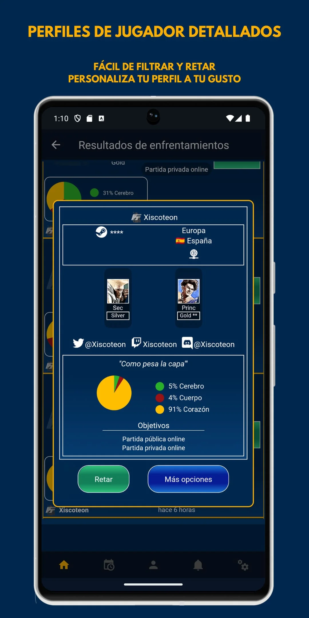 Interfaz de la app FightersTech mostrando un perfil de jugador de Street Fighter 6. Además se muestra el texto de 'PERFILES DE JUGADOR DETALLADOS. FÁCIL DE FILTRAR Y RETAR, PERSONALIZA TU PERFIL A TU GUSTO.'
