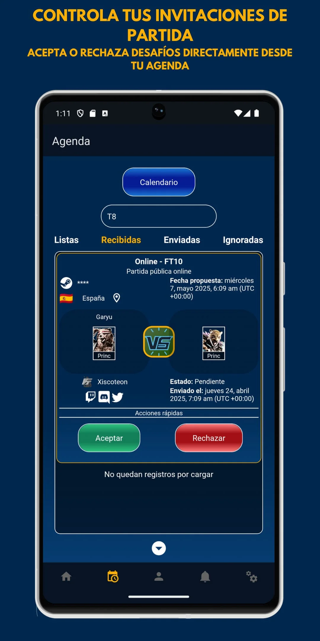 Interfaz de FightersTech mostrando una invitación para jugar de Tekken 8, donde el usuario puede aceptar o rechazar. Además se muestra el siguiente texto: 'CONTROLA TUS INVITACIONES DE PARTIDA. ACEPTA O RECHAZA DESAFÍOS DIRECTAMENTE DESDE TU AGENDA.'