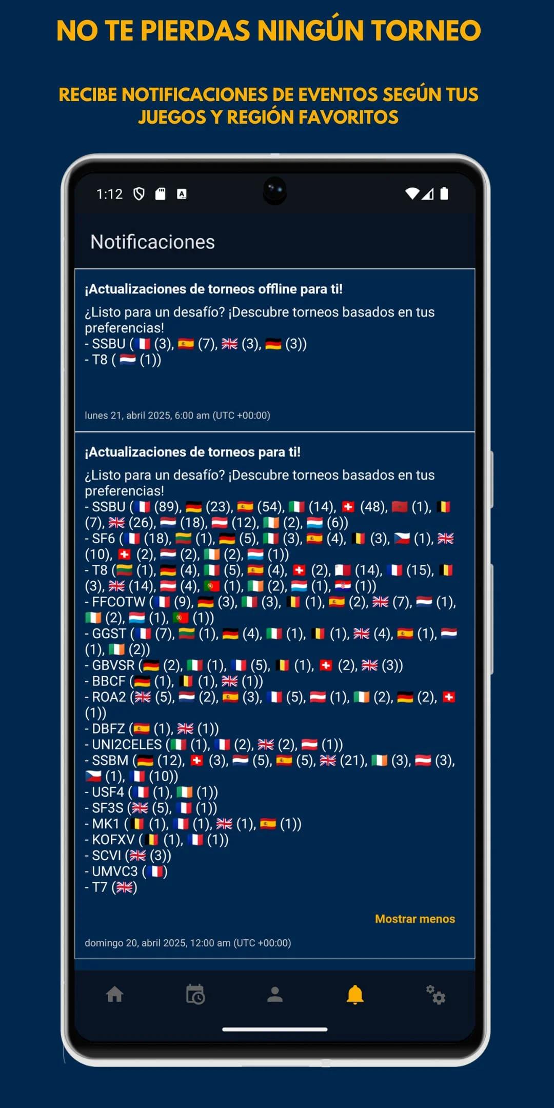 Interfaz de FightersTech mostrando las notificaciones donde se han recibido notificaciones de torneos de muchísimos juegos (como normalmente la primera notificación que llega de esto), los juegos que se muestran de los que reciben notificacion son los siguientes: Super Smash Bros. Ultimate, Street Fighter 6, Tekken 8, Fatal Fury: City of the Wolves, Guilty Gear Strive, BlazBlue Central Fiction, Granblue Versus Rising, Rivals of Aether 2, Dragon Ball FighterZ, UNI2Celes, Super Smash Bros. Melee, Ultimate Street Fighter 4, Street Fighter Third Strike, Mortal Kombat 1, King of Fighters XV, Soul Calibur VI, Ultimate Marvel vs. Capcom 3, Tekken 7... Además se muestra el texto de: 'NO TE PIERDAS NINGÚN TORNEO. RECIBE NOTIFICACIONES DE EVENTOS SEGÚN TUS JUEGOS Y REGIÓN FAVORITOS.'