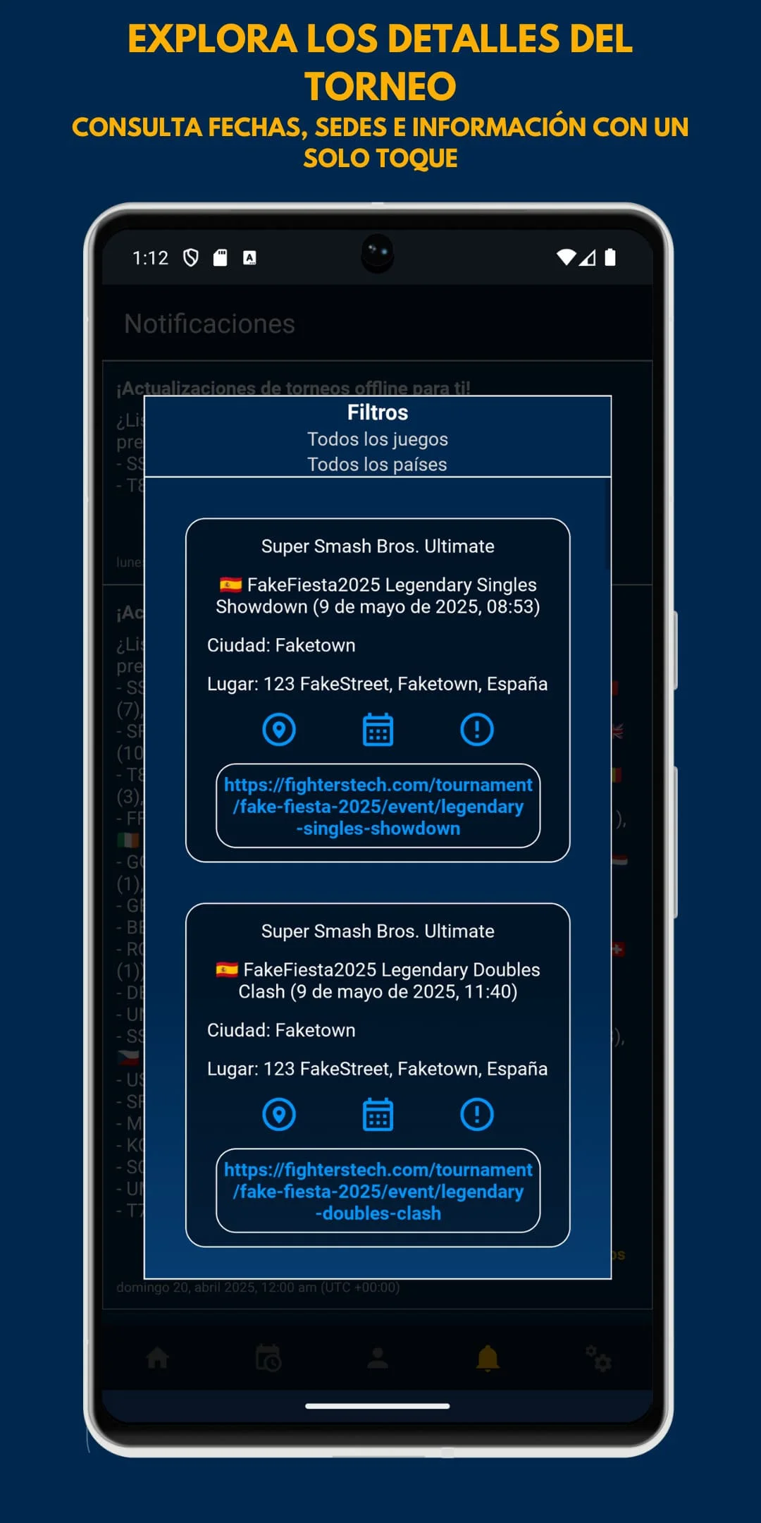 Interfaz de FightersTech mostrando detalles de los torneos, el paso de la imágen anterior (imágen 05) donde se ven detalles como: Ubicación, añadir al calendario, reportar torneo, el enlace para viajar, el nombre del torneo. Además se muestra el siguiente texto: 'EXPLORA LOS DETALLES DEL TORNEO. CONSULTA FECHAS, SEDES E INFORMACIÓN CON UN SOLO TOQUE.'