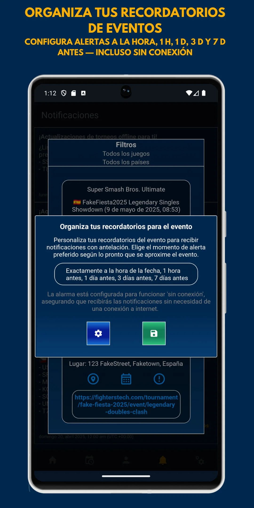 Interfaz de FightersTech referente a cuando añadimos un evento al calendario y nos muestra una pantalla para poner recordatorios del mismo. En esta pantalla visualizamos seleccionados que avise 'Exactamente a la hora de la fecha', '1 hora antes', '1 día antes', '3 días antes', '7 días antes', teniendo el usuario la flexibilidad de tener multiple alarmas locales avisándole y recordándole de los torneos que el propio usuario elige recordar. Además se muestra el siguiente texto: 'ORGANIZA TUS RECORDATORIOS DE EVENTOS. CONFIGURA ALERTAS A LA HORA, 1H, 1D, 3D Y 7D ANTES, INCLUSO SIN CONEXIÓN.'