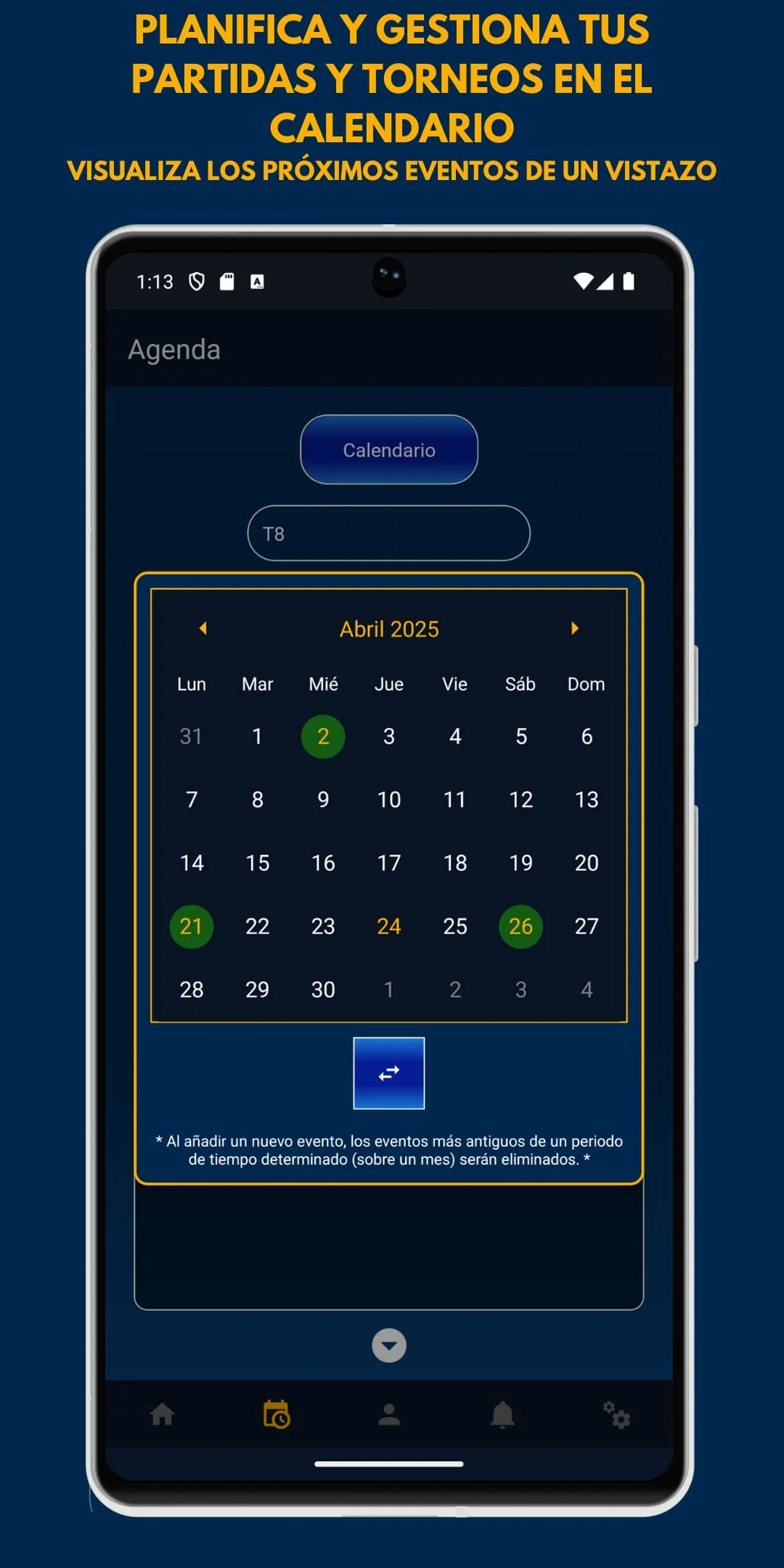Interfaz de FightersTech mostrando el calendario con los eventos que el usuario ha añadido. Además se muestra el siguiente texto: 'PLANIFICA Y GESTIONA TUS PARTIDAS Y TORNEOS EN EL CALENDARIO. VISUALIZA LOS PRÓXIMOS EVENTOS DE UN VISTAZO.'
