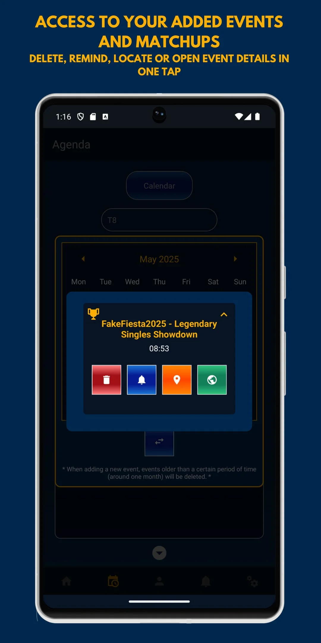 Event details screen to manage calendar matchups and tournament attendance
