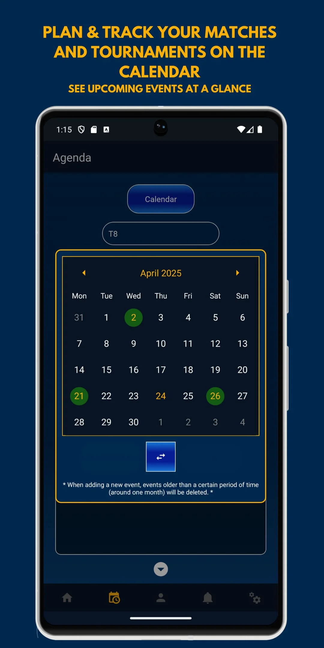 Competitive calendar displaying registered matches and FGC events